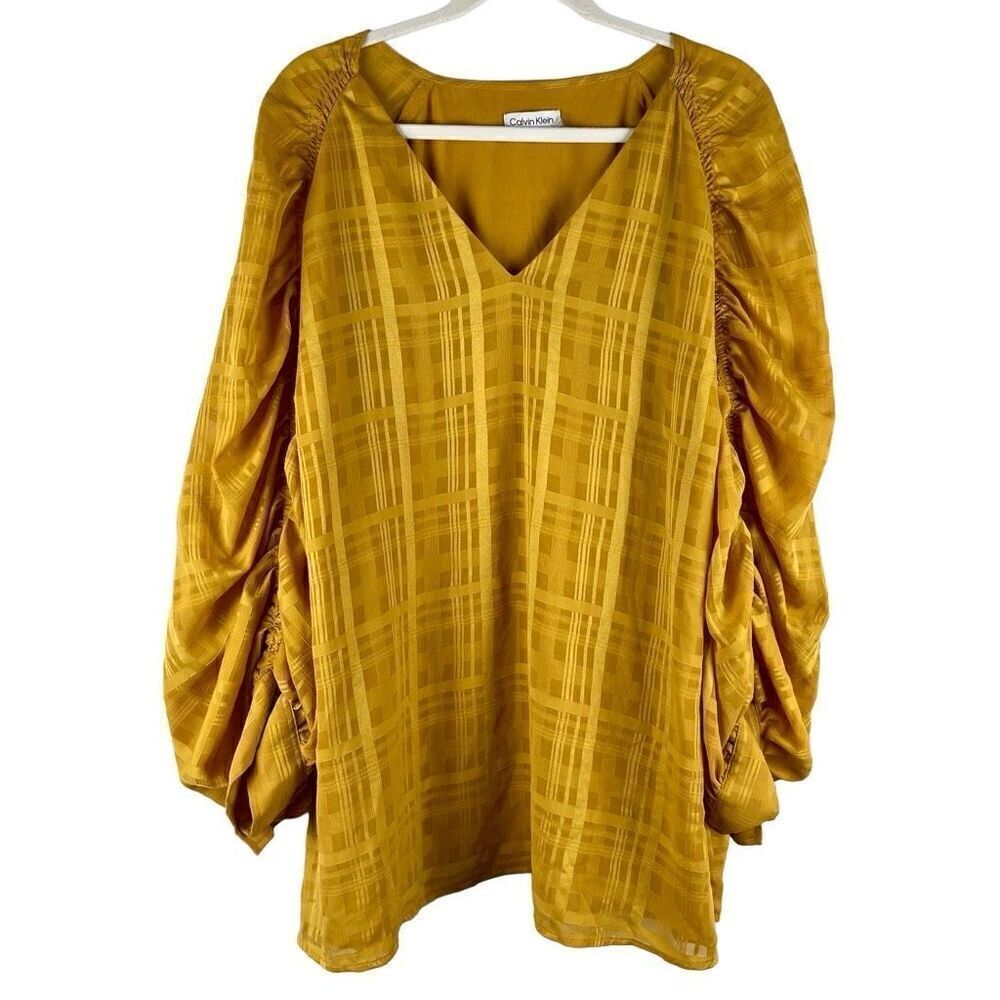 Calvin Klein Ruched Puff Sleeve Plaid V-neck Blouse 2X